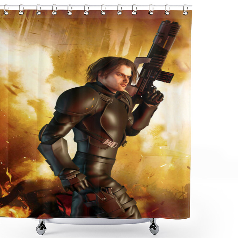 Personality  Futuristic Soldier And Burning City Shower Curtains