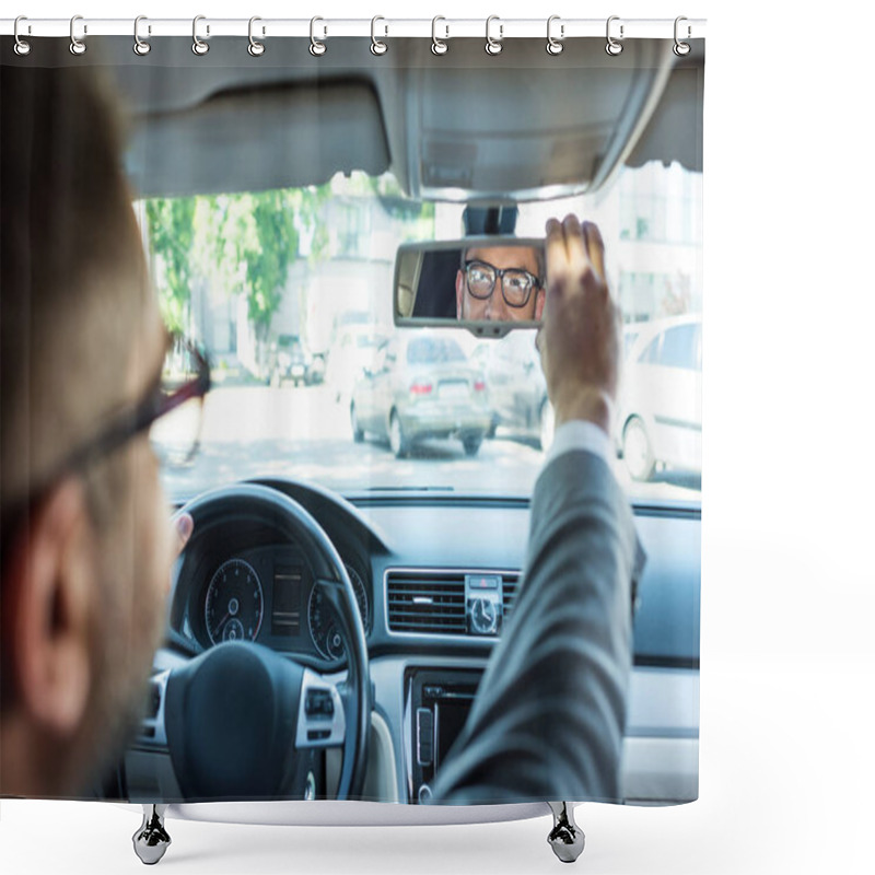 Personality  Partial View Of Businessman In Eyeglasses Looking At Rear View Mirror In Car Shower Curtains