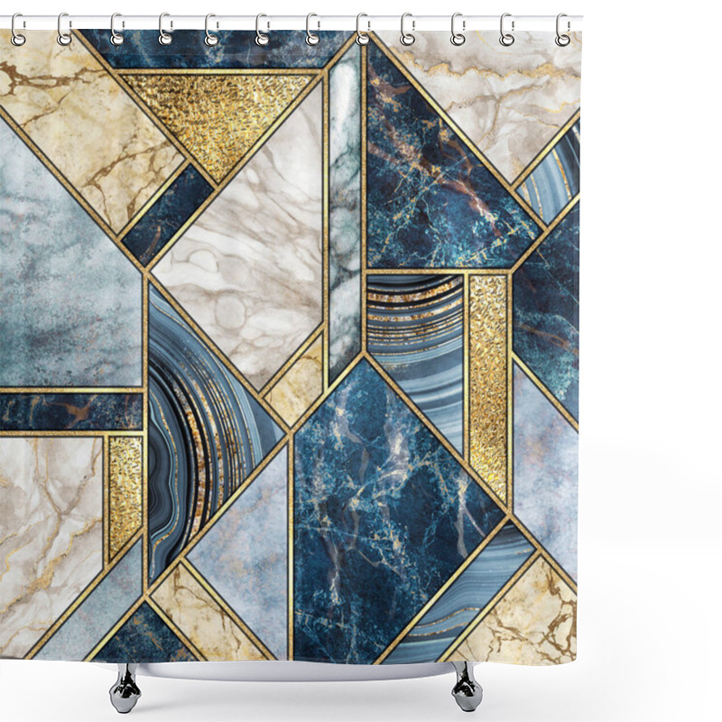 Personality  Abstract Background, Modern Marble Mosaic, Artificial Agate Granite Jasper Stone Texture, Blue White Gold Marbled Tile, Geometrical Fashion Marbling Illustration, Art Deco Wallpaper Shower Curtains