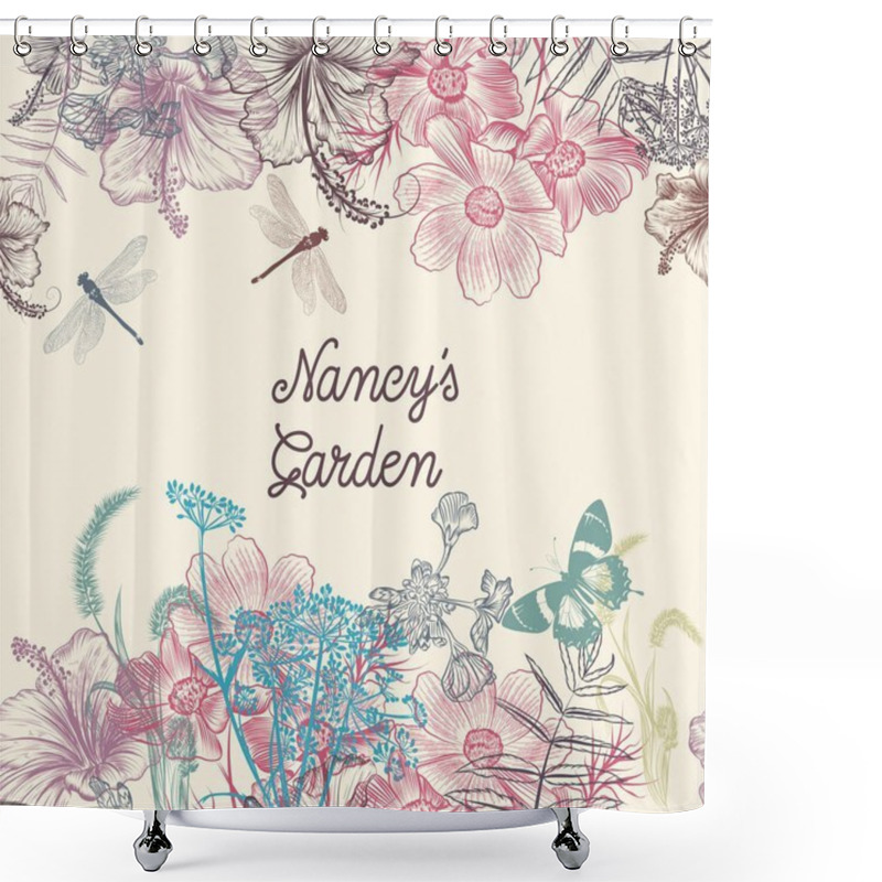 Personality  Floral  Vector Background With Engraved Flowers Hibiscus, Dragon Shower Curtains