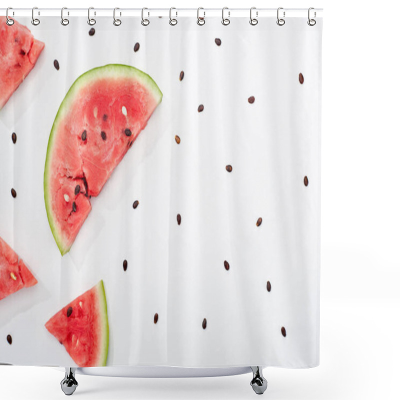 Personality  Top View Of Delicious Juicy Cut Watermelon With Seeds On White Background Shower Curtains