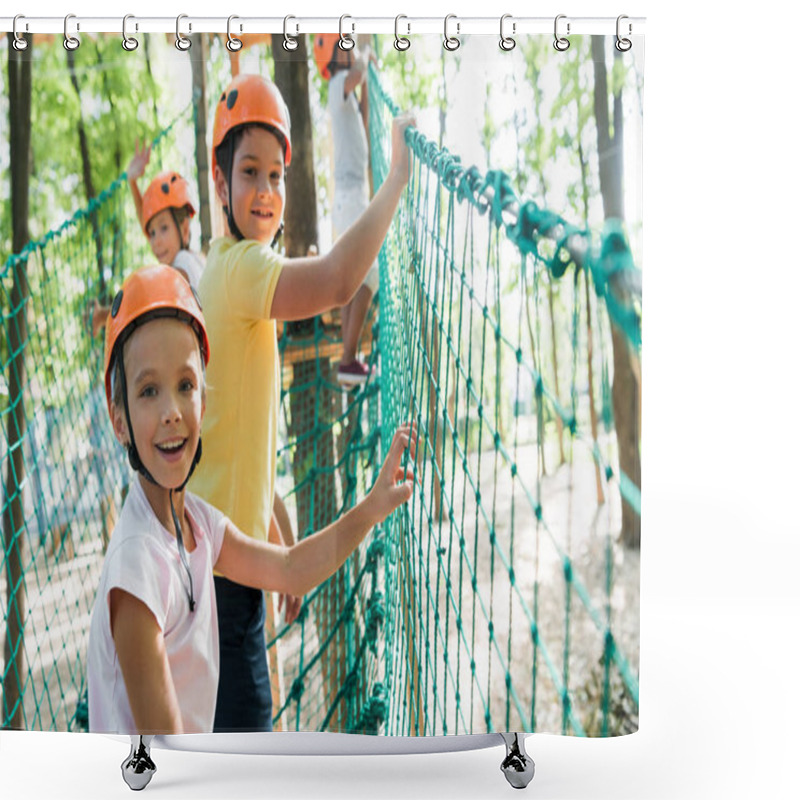 Personality  Selective Focus Of Cheerful And Cute Kid On High Rope Trail With Multicultural Friends   Shower Curtains