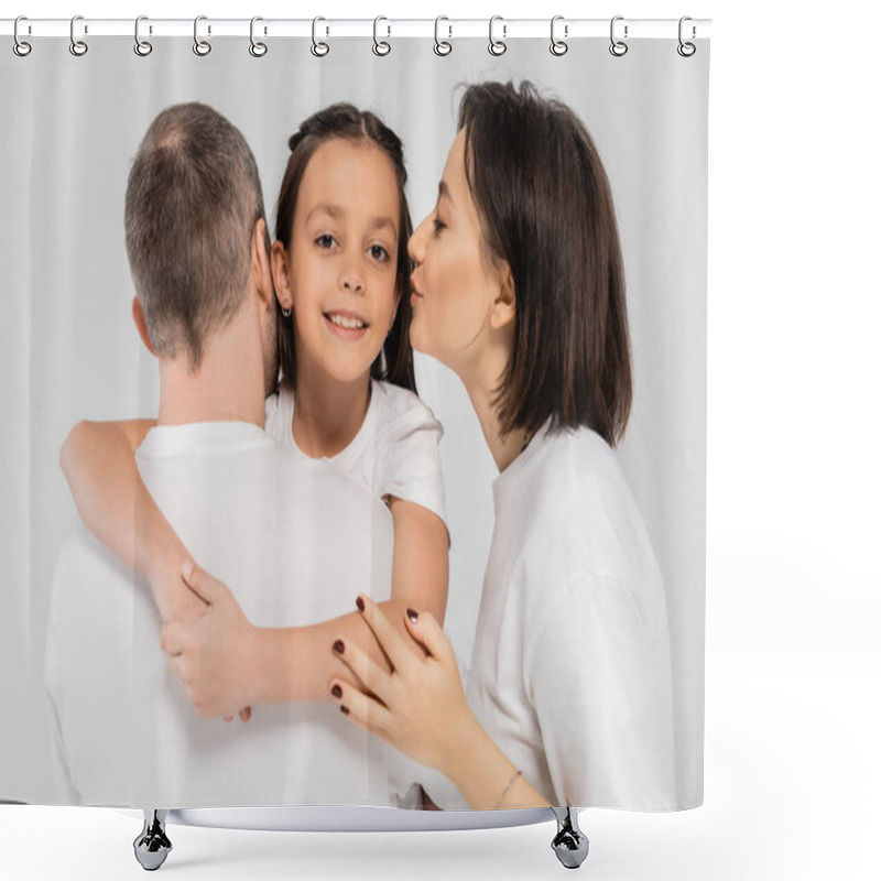 Personality  Mother With Tattoo And Short Hair Kissing Cheek Of Smiling Preteen Daughter Near Husband While Standing In White T-shirts Together On Grey Background, International Day For Protection Of Children,  Shower Curtains