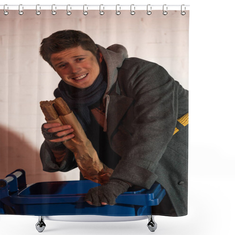 Personality  Happy Homeless Man Holding Bread Baguette While Standing By Trash Container Shower Curtains