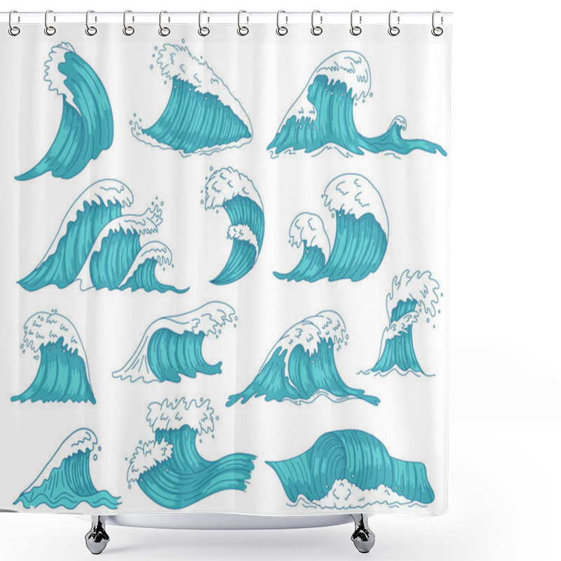 Personality  Oceanic Waves. Sea Hand Drawn Tsunami Or Storm Waves, Marine Water Shaft, Ocean Beach Surfing Waves Isolated Vector Illustration Icons Set Shower Curtains