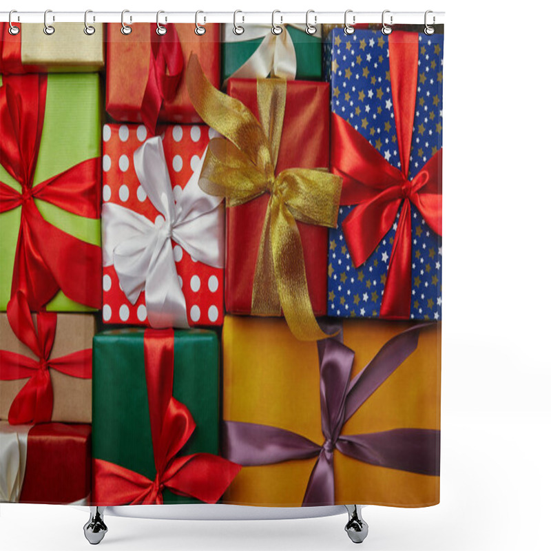 Personality  Flat Lay With New Year Presents Wrapped In Different Wrapping Papers With Ribbons On Wooden Surface Shower Curtains