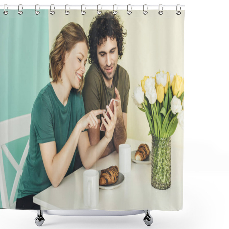 Personality  Smiling Couple Using Smartphone While Having Breakfast Together At Home Shower Curtains