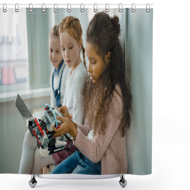 Personality  Group Of Little Schoolgirls Working With Laptop Together On Stem Education Class Shower Curtains