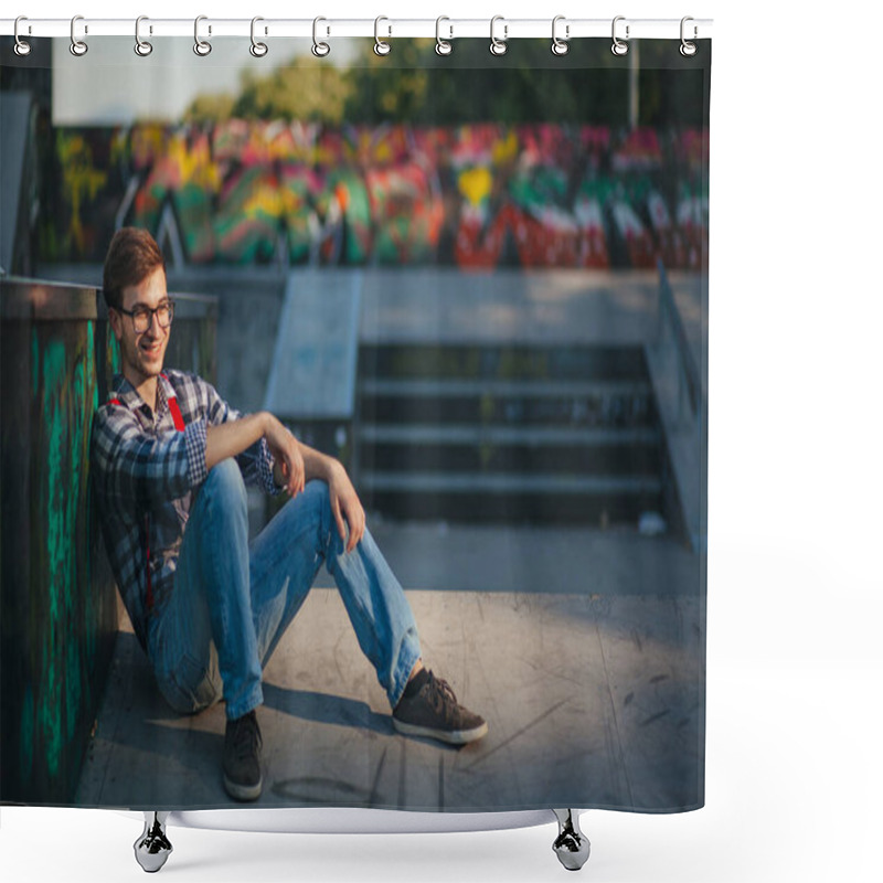 Personality  Young Man Sitting At Skate Park At Sunset Shower Curtains