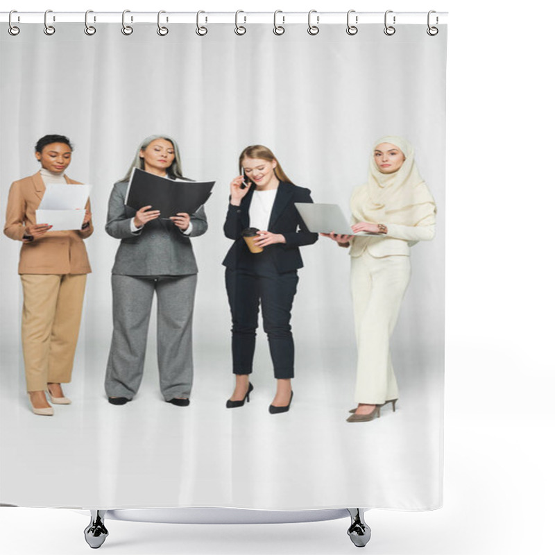 Personality  Multicultural Businesswomen With Folders Near Woman Talking On Smartphone On White  Shower Curtains