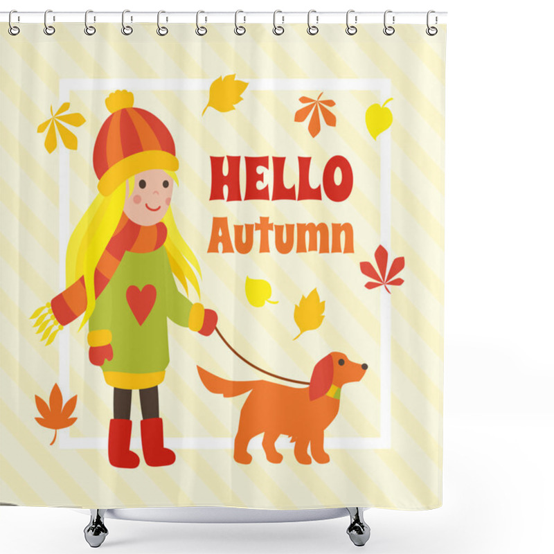 Personality  Autumn Card With Cute Cartoon Girl Walking A Dog Shower Curtains