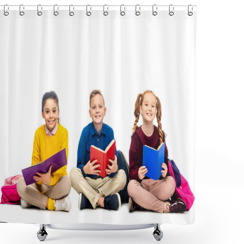 Personality  Cheerful Schoolchildren Sitting, Holding Books And Looking At Camera Isolated On White Shower Curtains