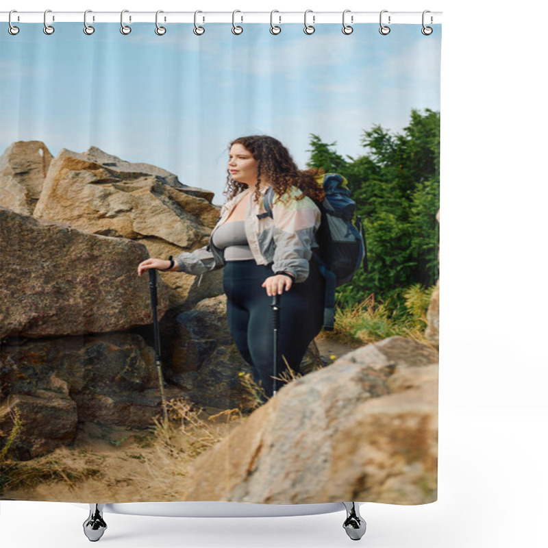 Personality  Embracing The Beauty Of Nature, A Plus Size Woman Hikes Confidently Through Rocky Terrain. Shower Curtains