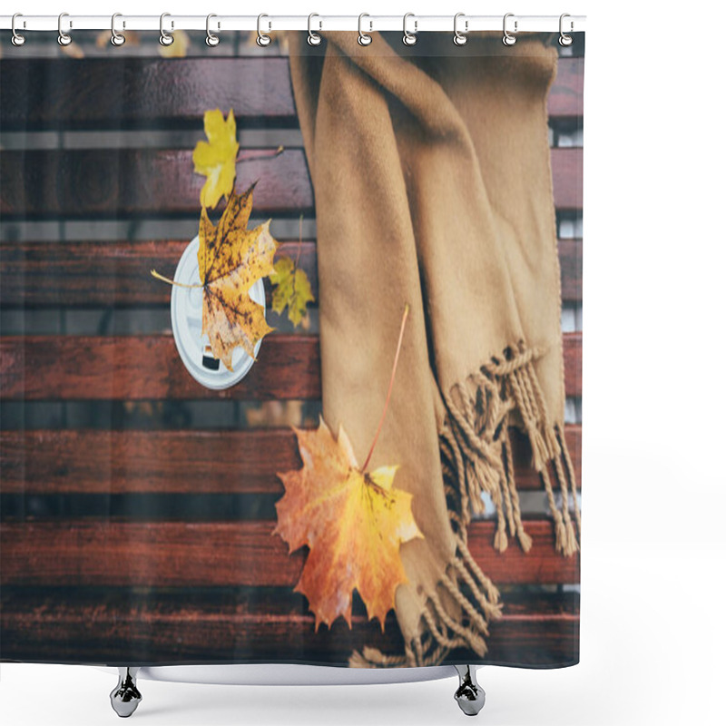 Personality  Wool Scarf And Paper Cup With Cooffe Arre On Wet Brench In Autumn Park Shower Curtains