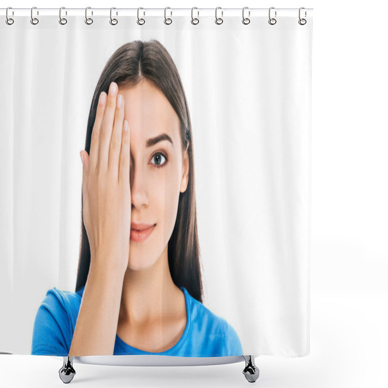 Personality  Obscured View Of Smiling Woman Covering Eye With Hand Isolated On White Shower Curtains