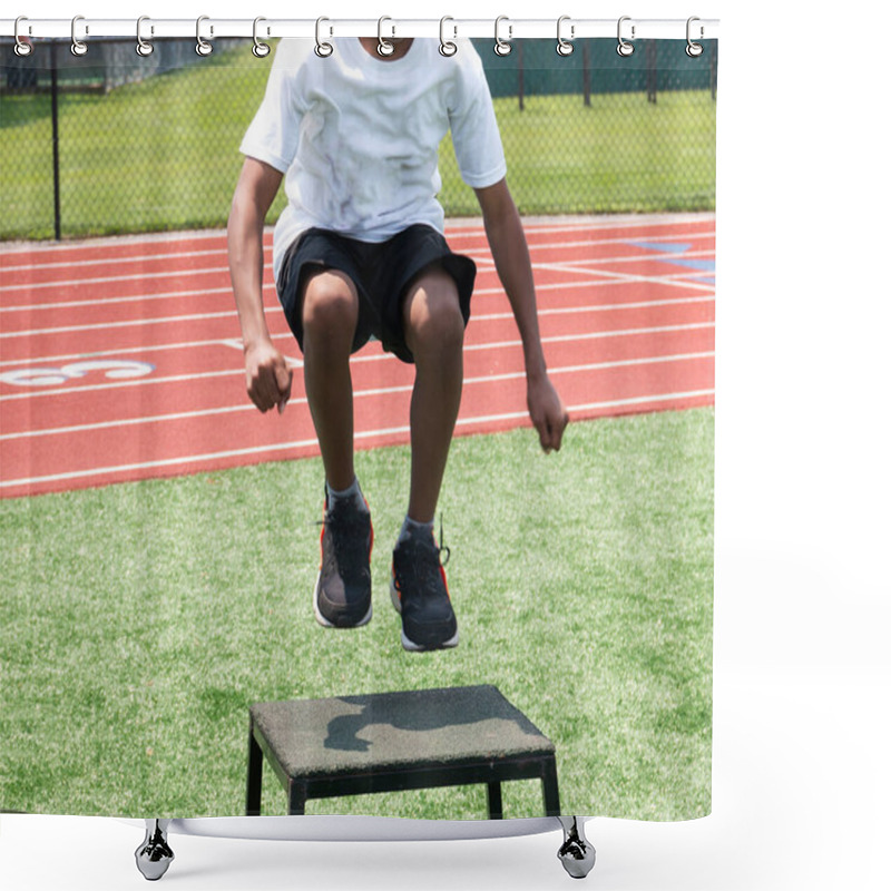 Personality  Front View Of A Young Athlete Jumping Onto A Plyo Box During A High School Summer Sports Camp. Shower Curtains