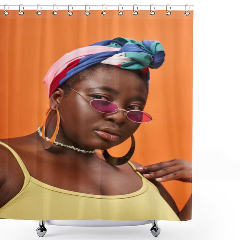 Personality  Portrait Of Young Plus Size African American Woman In Headscarf And Trendy Sunglasses On Orange Shower Curtains