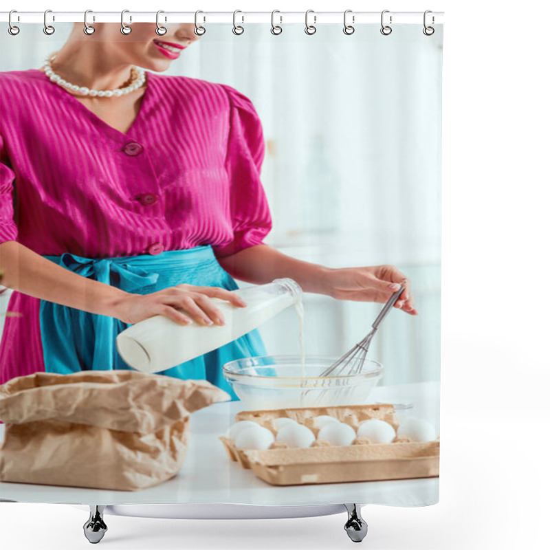 Personality  Cropped View Of Smiling Pin Up Girl Adding Milk From Bottle To The Ingredients For Making Dough Shower Curtains