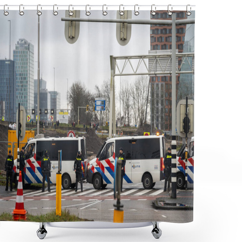 Personality  Amsterdam, The Netherlands, 25.01.2025, Police Vans And Officers During Extinction Rebellion Climate Protest On A10 Highway Shower Curtains