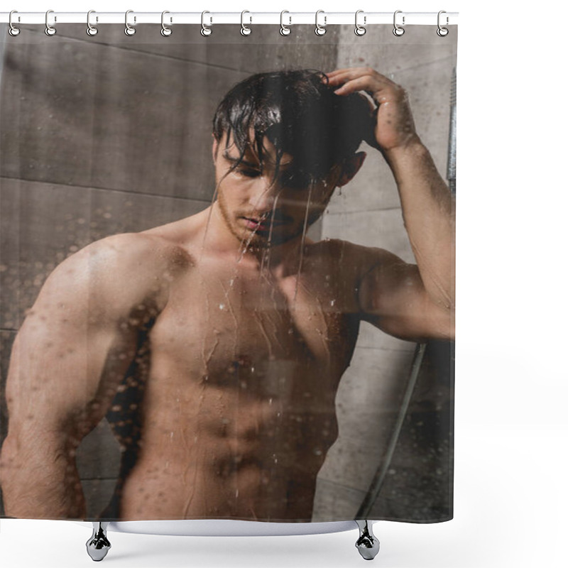 Personality  Naked And Brunette Man Taking Shower In Cabin  Shower Curtains