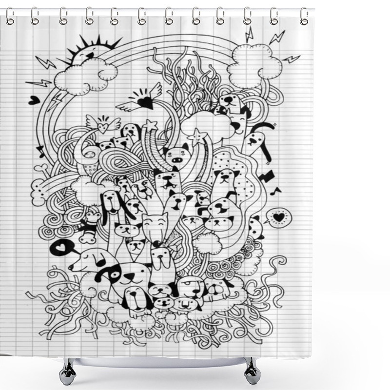 Personality  Hand Drawn Doodle Funny Dogs And Cat Set Shower Curtains