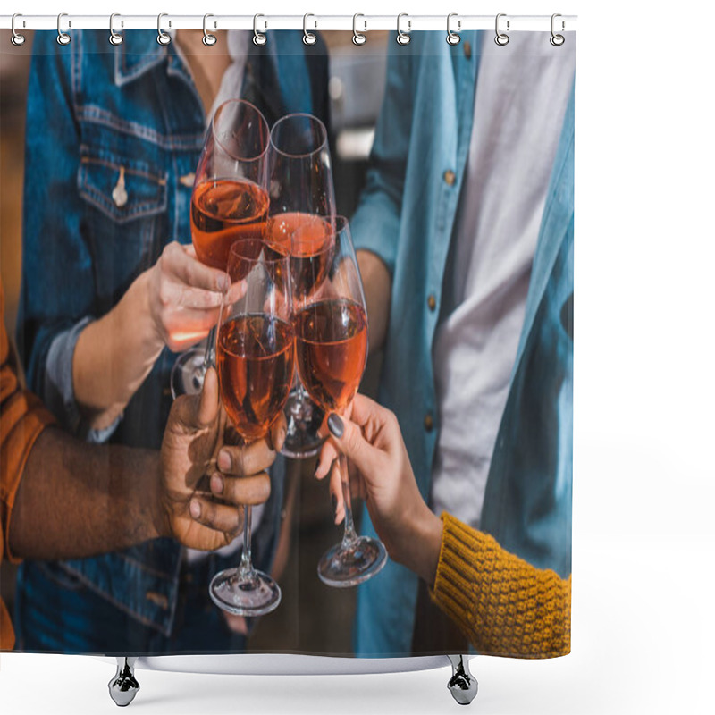 Personality  Close-up Partial Cropped Of Friends Clinking Wine Glasses Together Shower Curtains