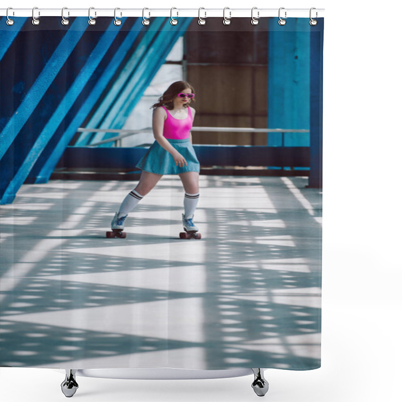 Personality  Young Woman In Stylish Clothing And Retro Sunglasses Roller Skating Alone Shower Curtains