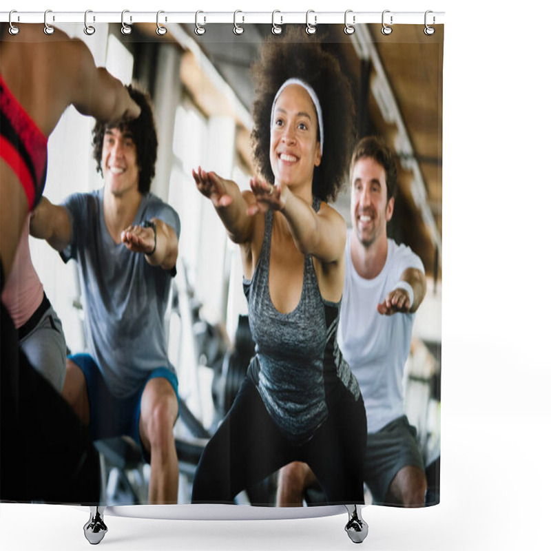 Personality  Diversity Group Of People Training In A Gym. Trainer And Sportive Fit Persons Exercising In A Fitness Class Shower Curtains