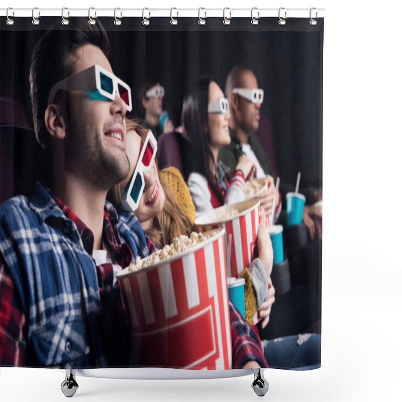 Personality  Young Couples In 3d Glasses With Popcorn And Soda Watching Movie In Cinema Shower Curtains