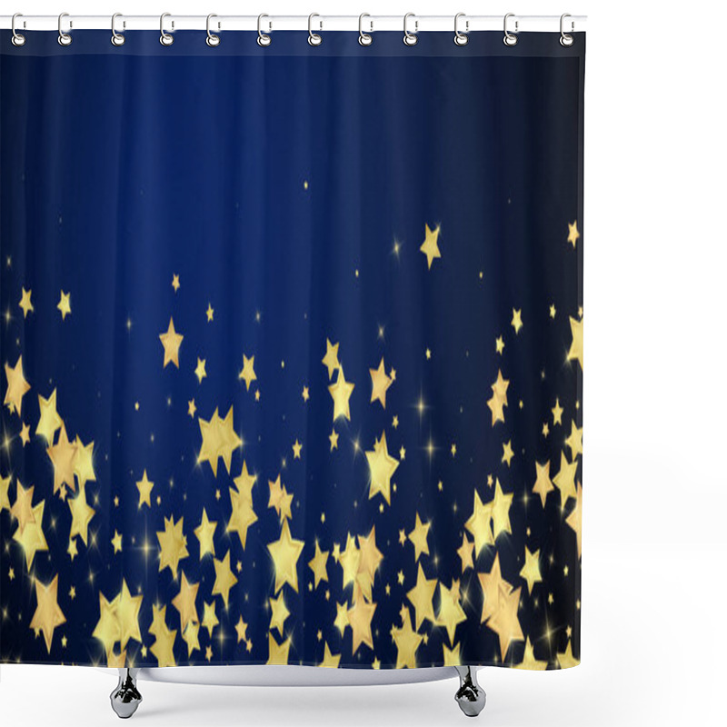 Personality  Magic Stars Vector Overlay.  Gold Stars Scattered Around Randomly, Falling Down, Floating.  Chaotic Dreamy Childish Overlay Template. On Dark Blue Background. Shower Curtains