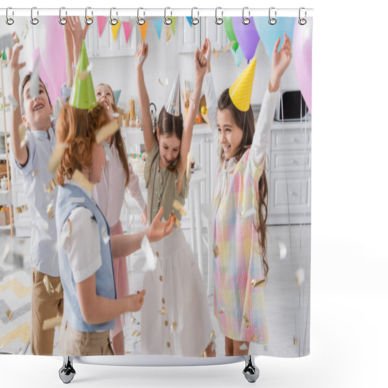 Personality  Group Of Joyful Kids In Party Caps Dancing Under Falling Confetti During Birthday Celebration At Home  Shower Curtains