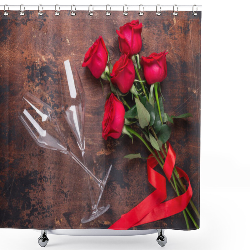 Personality  Red Rose Flowers Bouquet And Champagne Glasses On Wooden Background Valentines Day Greeting Card Copy Space Top View Shower Curtains