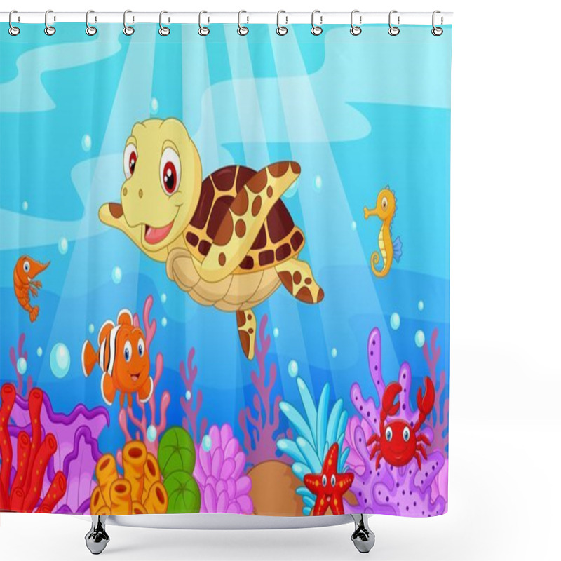 Personality  Cute Baby Turtle Cartoon With Collection Fish Shower Curtains