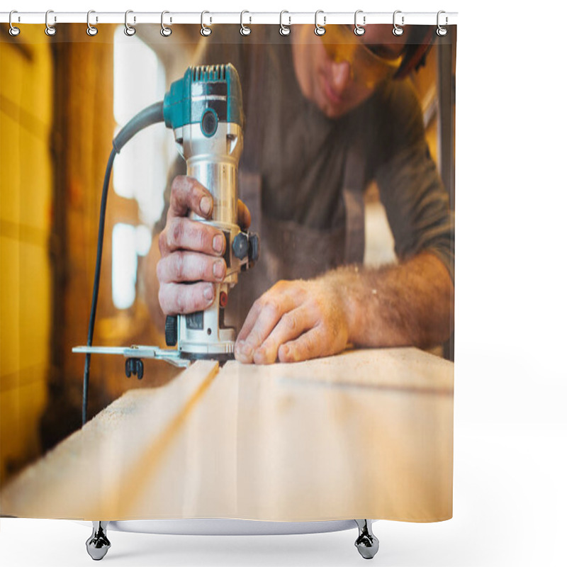 Personality  Handyman Cutting Wooden Board Shower Curtains