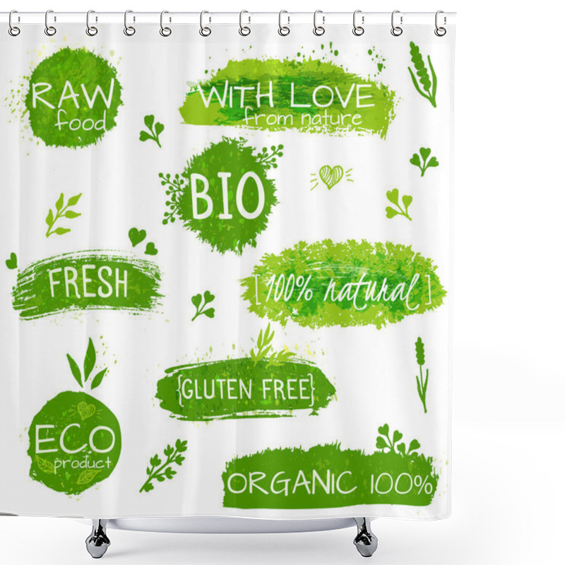 Personality  Set Of Logos, Stamps, Badges, Labels For Natural Eco Products, Farms, Organic. Floral Elements And Grungy Texture. Green, Pastel Colors. Vector Set Of Healthy Organic Food Labels For Vegetarian Cafe Shower Curtains