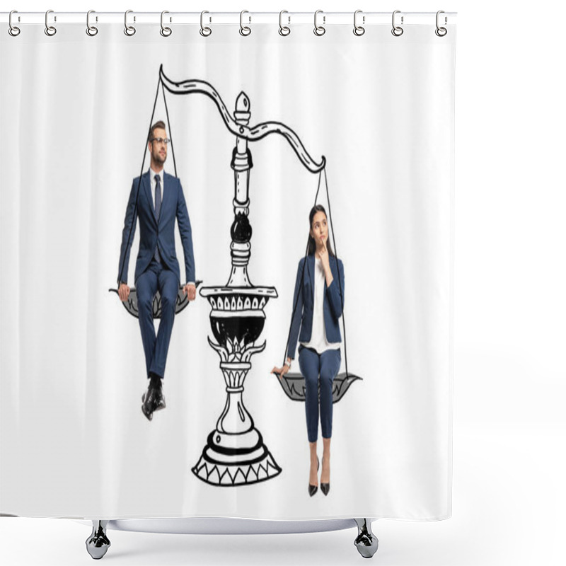 Personality  Businessman And Businesswoman In Formal Wear Sitting On Balance Scales Isolated On White Shower Curtains