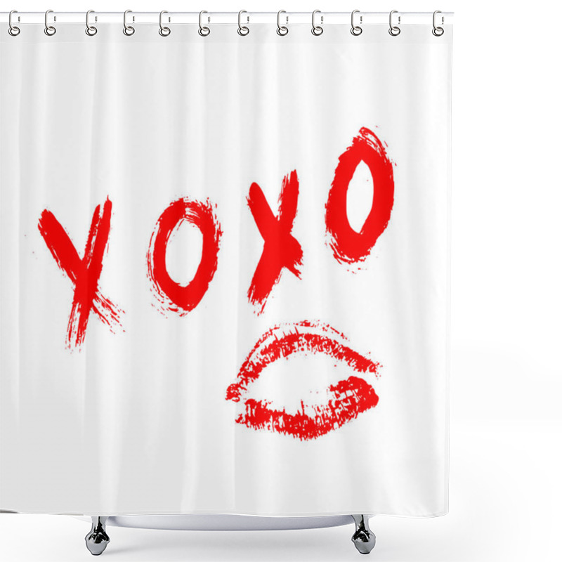 Personality  XOXO Hand Written Phrase And Red Lipstick Kiss Isolated On White Background. Hugs And Kisses Sign. Grunge Brush Lettering XO. Easy To Edit Template For Valentines Day Greeting Card, Banner, Poster Shower Curtains