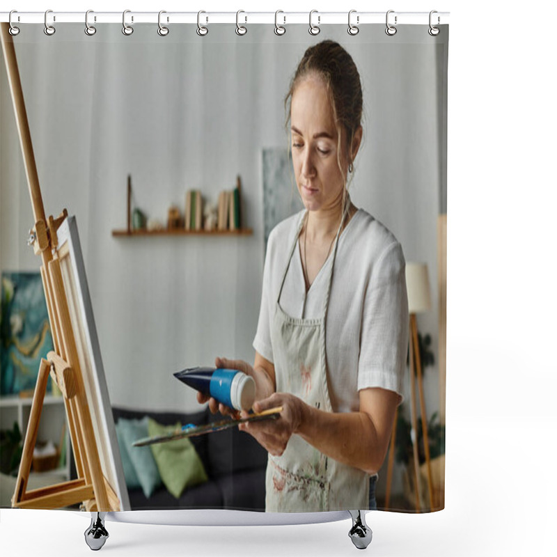 Personality  A Talented Woman Explores Her Creativity While Painting In A Cozy Studio. Shower Curtains