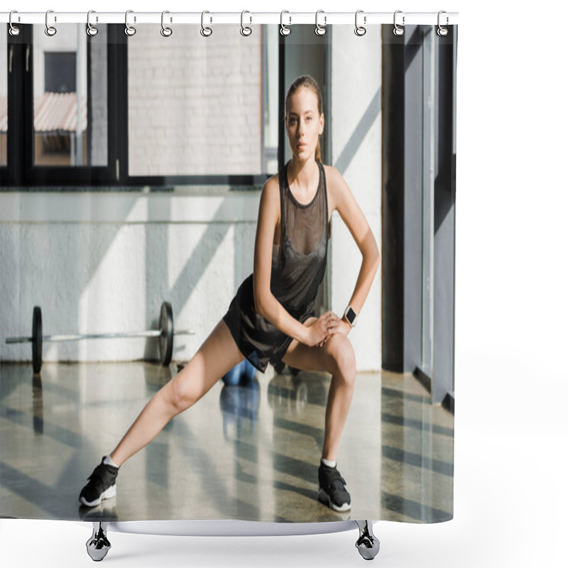 Personality  Focused Sportswoman Doing Lateral Lunge Exercise At Fitness Center Shower Curtains