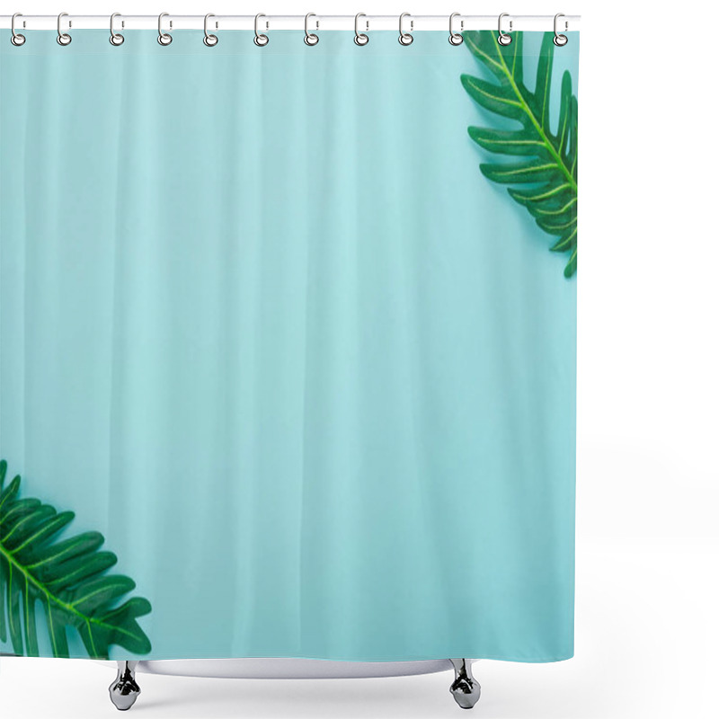 Personality  Table Top View Aerial Image Of Summer Season Holiday Background Concept.Flat Lay Green Leaf On Modern Rustic Blue Paper Backdrop.Free Space For Creative Design Mock Up & Template Text For Content. Shower Curtains