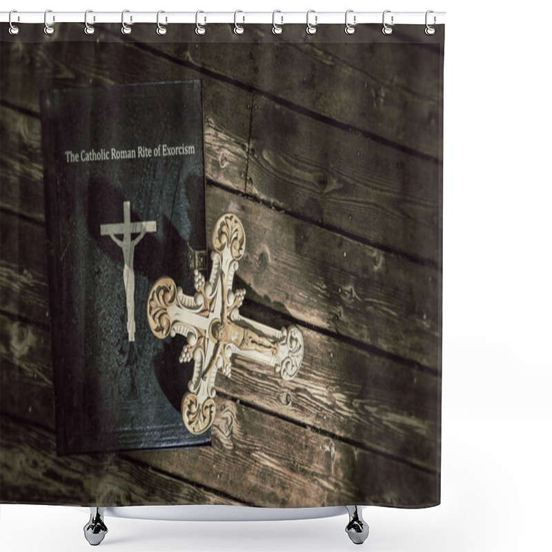 Personality  3d Illustration Of The Exorcism Book On Wooden Floor  Shower Curtains