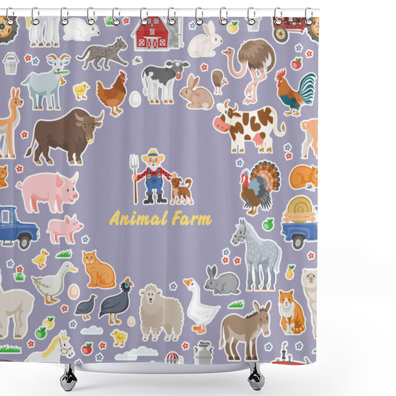 Personality  Vector Funny Animal Farm Seamless Background With Happy Farmer And Character Farming Pet. Shower Curtains