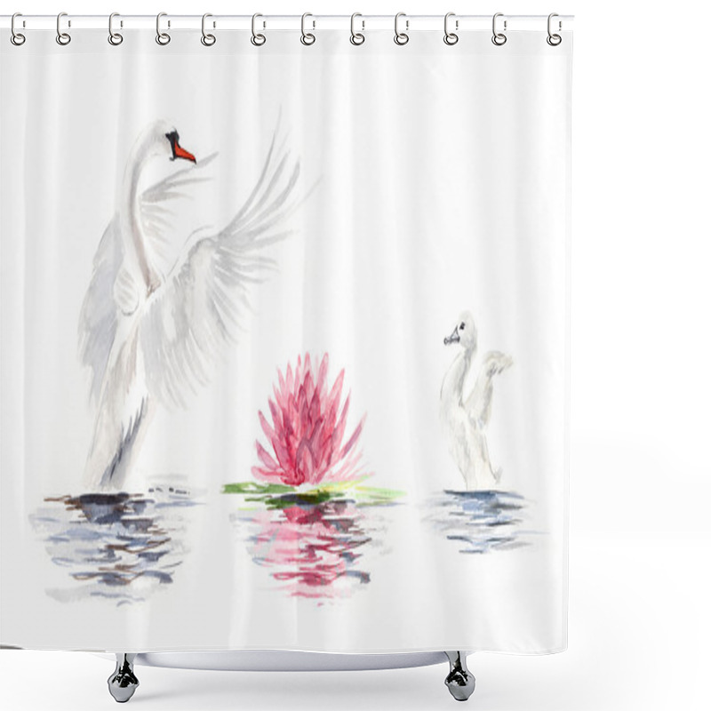 Personality  Swan Floats. Swan With Baby Birds. Shower Curtains