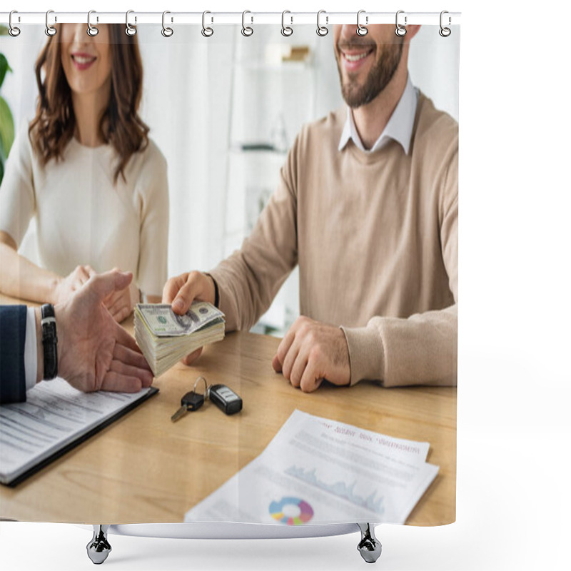 Personality  Cropped View Of Happy Man Giving Dollar Banknotes To Car Dealer Near Cheerful Woman  Shower Curtains