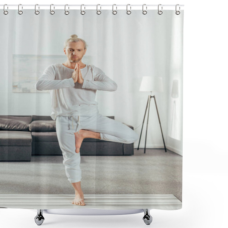 Personality  Adult Man Standing In Tree Pose With Namaste Gesture On Yoga Mat At Home Shower Curtains