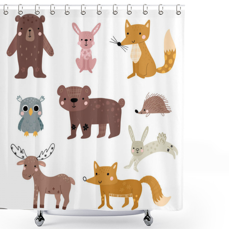 Personality  A Collection Of Cute Forest Animals, Including Bears, Foxes, Rabbits, A Hedgehog, An Owl, And A Moose. Each Animal Has A Playful, Cartoonish Style With Soft Colors And Decorative Patterns Shower Curtains