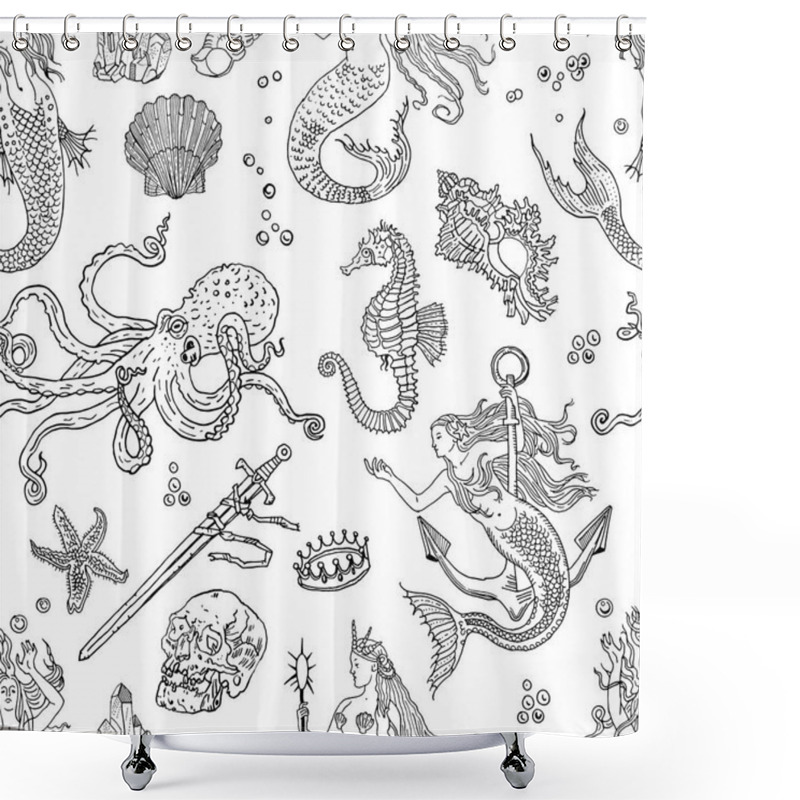 Personality  Vintage Fantasy Nautical Seamless Pattern: Mermaid, Underwater Treasures, Octopus, Shell, Starfish, Anchor, Drowned Sword, Crown, Skull, Crystal, Sea Horse. Retro Tattoo Style Hand Drawn Illustration. Shower Curtains