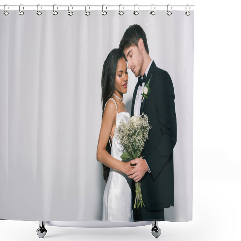 Personality  Handsome Bridegroom And Attractive African American Bride With Wedding Bouquet Standing Face To Face With Closed Eyes On White Background Shower Curtains