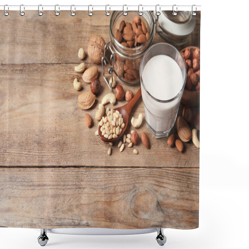 Personality  Vegan Milk And Different Nuts On Wooden Table. Space For Text Shower Curtains