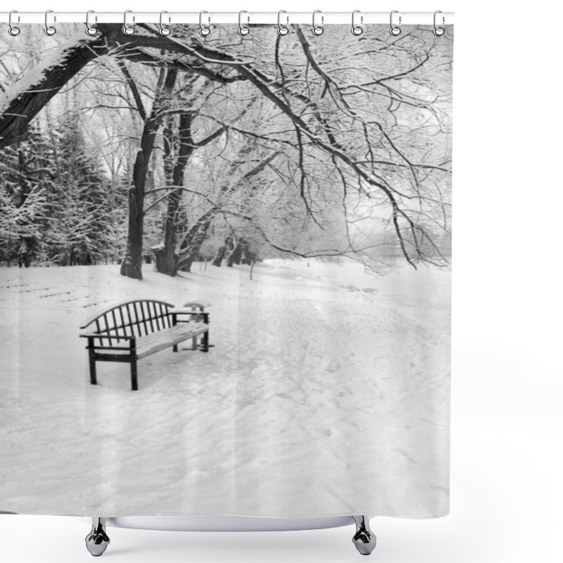 Personality  An Empty Bench In A Snowy Winter Forest Shower Curtains